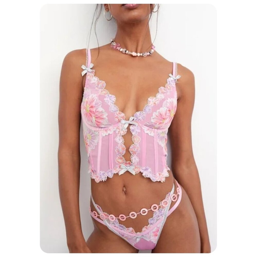 For Love & Lemons Aster Embroidered Bustier Pink Corset Floral Underwire